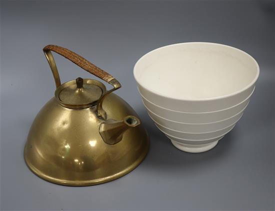 A Keith Murray for Wedgwood ribbed white bowl and a W.A.S Benson brass kettle